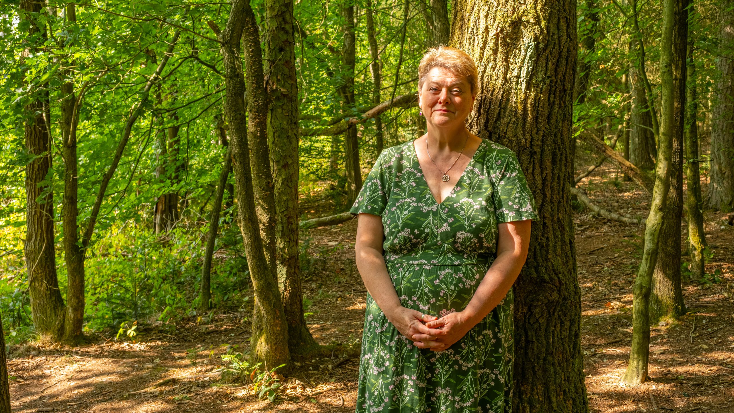 Annie Kissane in Wendover woods with the sunlight lighting her up